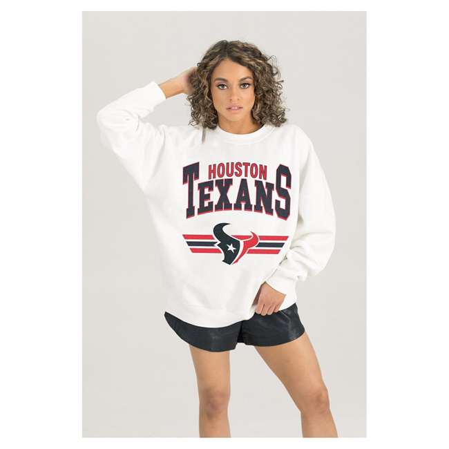 Women's Houston Texans Gameday Couture White Sunday Drives Oversized Crewneck Pullover Sweatshirt(Run Small)